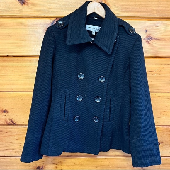 Steve Madden Size Medium Black Double Breasted Lined Wool Blend Pea Coat - Picture 1 of 6